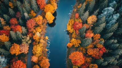 Poster - Aerial View of Colorful Autumn Forest with River Displaying Rich Fall Foliage and Clear Copyspace for Creative Text Insertion