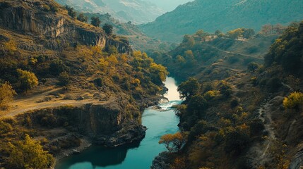 Poster - Serene Mountain River Landscape Surrounded by Vibrant Autumn Foliage and Majestic Terrain