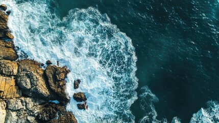 Aufkleber - Aerial Shot of Turbulent Waves Breaking on Rocky Coastline with Clear Space for Text or Marketing Content