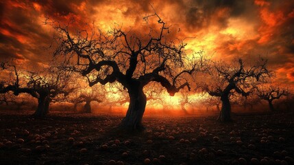 Poster - Majestic ancient trees silhouetted against a dramatic sunset in an eerie orchard landscape.