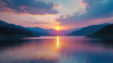 Poster - Serene sunset over mountains reflecting on tranquil lake creating a stunning natural landscape ambiance