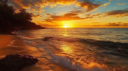 Poster - Stunning coastal sunset reflecting on tranquil ocean waves with golden skies and serene beach ambiance