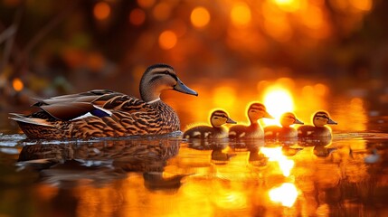 Poster - Mother duck and ducklings swimming at sunset.