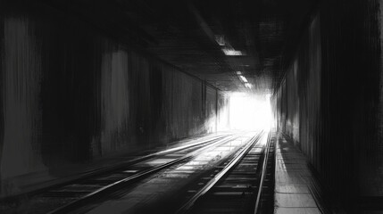Fototapete - A subway tunnel at night with faint lighting at the end, highlighting the long, empty tracks stretching into the distance, surrounded by rough concrete walls
