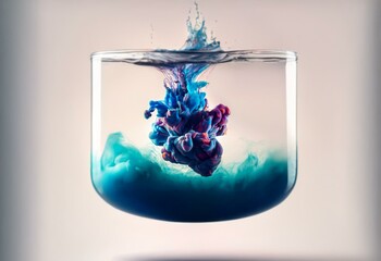 Leinwandbilder - A vibrant blue, purple, and red ink cloud swirls in a clear glass of water against a white background.