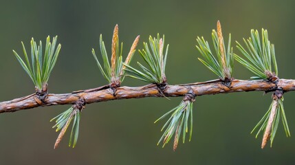 Close-up of larch tree branch with new spring growth.