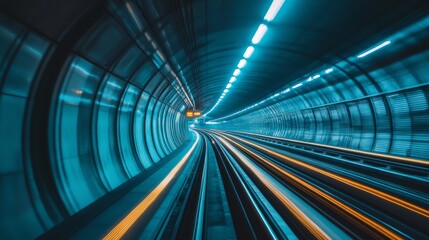 Fototapete - A subway tunnel lit by soft, overhead lighting, with clean lines along the tracks and smooth concrete walls, creating an empty, vast space with a futuristic feel