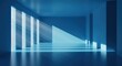 © Zafercan - Modern minimalist interior, sleek geometric architecture, blue tones, dramatic lighting, sunbeams, empty hallway, reflective floor, clean lines, futuristic design, abstract space, light and shadow pla