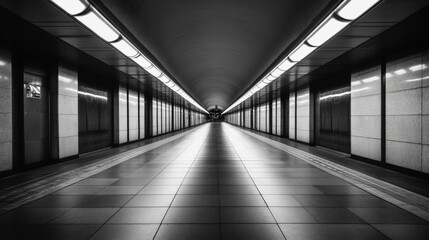 Fototapete - A subway tunnel lit by soft, overhead lighting, with clean lines along the tracks and smooth concrete walls, creating an empty, vast space with a futuristic feel