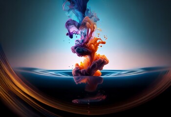 Poster - Colorful ink swirls and explodes into a blue liquid surface creating a beautiful and abstract design.