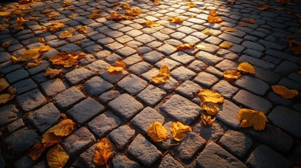 Wall Mural - Autumnal Cobblestone Path: Golden Leaves in Sunlight