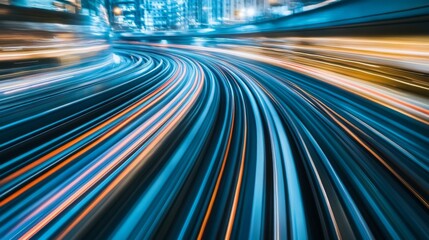 Poster - A top-down view of a subway tunnel with parallel tracks stretching far into the distance, illuminated by strategically placed lights, creating an industrial, minimalist look