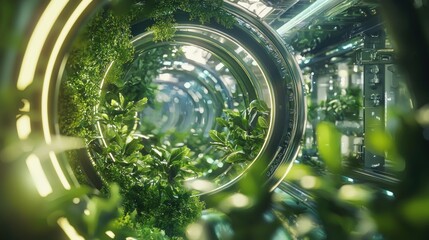 Lush Green Plants Thrive Within Futuristic Circular Tunnels