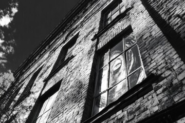 Aufkleber - An artistic black and white portrayal of a building's window adorned with a striking portrait, merging urban aesthetics with deep artistic expression and modern culture.