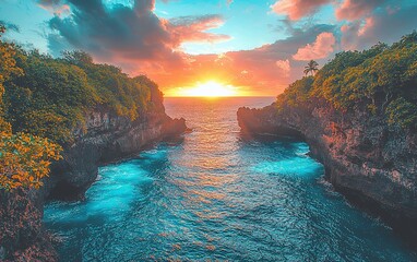 Poster - Vibrant sunset over ocean inlet between lush cliffs.