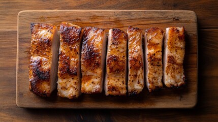 Wall Mural - A top-down view of crispy pork belly slices, golden and glistening with fish sauce, placed on a wooden cutting board with a subtle reflection of light