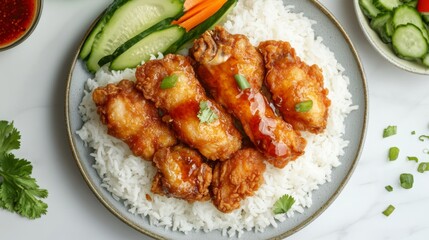 Wall Mural - A top-down view of crispy fried chicken pieces on a bed of fluffy white rice, with a drizzle of sauce and fresh vegetables on the side, set on a clean plate