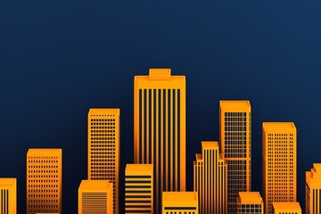 A vibrant skyline featuring stylized yellow skyscrapers against a dark blue background, creating a modern urban aesthetic.