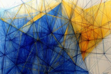 Aufkleber - This intricate design showcases a web of geometric shapes in blue and yellow, intertwined with lines, symbolizing complexity and the interplay of colors and shapes in art.