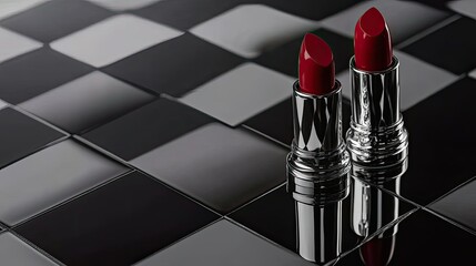 Two red lipsticks on a reflective checkered surface.