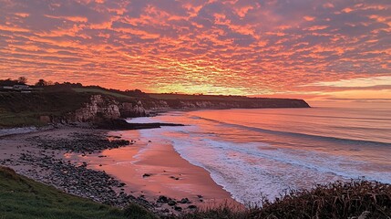 Poster - Vibrant sunset over a secluded beach with dramatic cliffs.