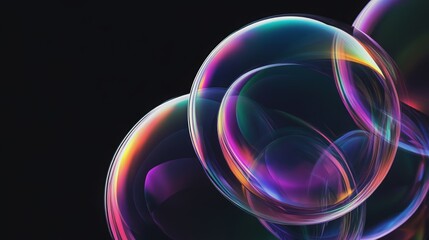 Wall Mural - Glowing soap bubbles isolated on black background. Abstract soapy random spheres 3d brutalism design