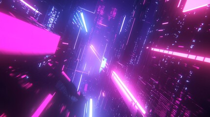 Poster - A vibrant light streak speeding through a futuristic grid-like space, creating an illusion of rapid movement and light-speed travel through a digital landscape