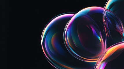 Wall Mural - Glowing soap bubbles isolated on black background. Abstract soapy random spheres 3d brutalism design