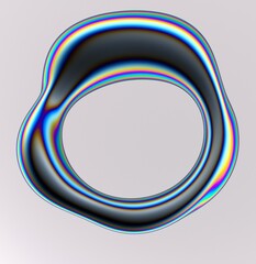 Poster - Holographic liquid substance of oval shape with a hole in the middle on a white background. 3D illustration of a strange futuristic organic shape in shimmering pearlescent colors.