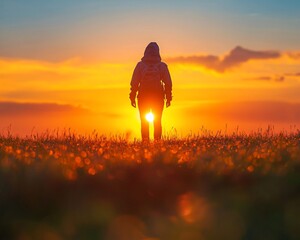 Poster - Silhouette of a hiker at sunset.