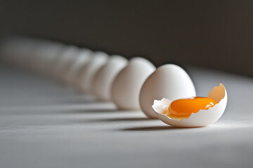 Wall Mural - Artistic depiction of a broken egg with a rich orange yolk, prominently displayed against a row of perfectly aligned white eggs, set on a light, soft-focus background.