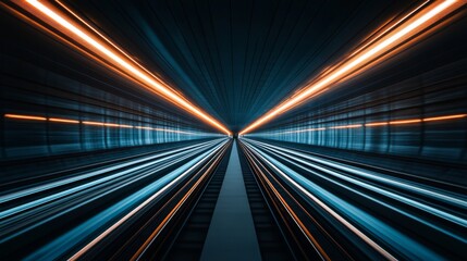 Poster - A wide-angle view of an empty subway tunnel with track rails disappearing into the distance, with soft lighting on the walls highlighting the tunnel's spacious interior