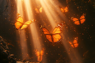 Canvas Print - Magical Monarch butterflies in sunlit cave.