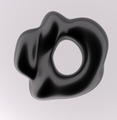 Wall Mural - Black liquid substance of oval shape with a hole in the middle on a white background. 3D illustration of a strange futuristic organic form in Y2K brutal contemporary style.