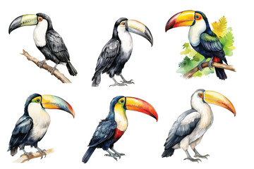 Watercolor toucan birds tropical Animals illustration set