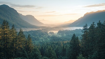 Poster - Sunrise over misty valley, lush green forest.