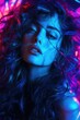 © 3DLeonardo - Close-up portrait of a woman with vibrant neon-lit hair Ideal for fashion beauty or artistic projects  Captures a dramatic and mysterious mood