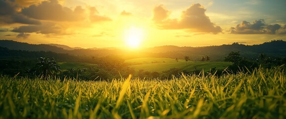 Poster - Golden sunset over lush green fields and distant mountains.