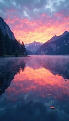 Canvas Print - Serene lake at dusk with mist rising from water surface, water, lake, nature