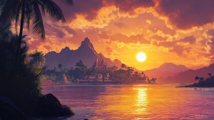 Wall Mural - breathtaking sunset over a tropical island, where the sky is a mixture of vibrant oranges and purple