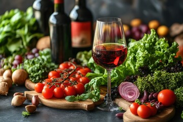 A glass of wine and light vegetable snacks on the table. We offer snacks at a friendly party.