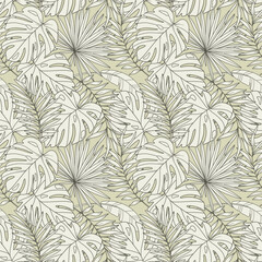 Wall Mural - Tropical Plants Background. Tropical Seamless Pattern Trendy graphics. Tropical Flowers and Leaves Line Art. Tropical flowers seamless pattern