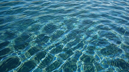 Top view of a blue calm and clear calm water surface, water texture with ripples and shadow of palm leafs, Zen and relaxing background, summer concept