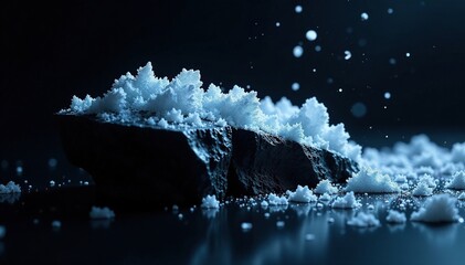 Sticker - Icy crystals cling to the sides of a dark shape as flakes fall, icy, black background