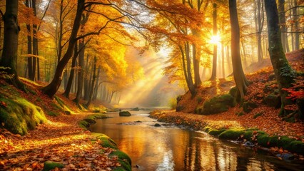  Serene Autumn Landscape: Golden Leaves & Crisp Air Stock Photo