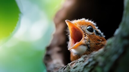 A small bird with a vibrant plumage and an open beak sits in a tree hollow, capturing a moment of nature's innocence and beauty in vivid detail and realism.