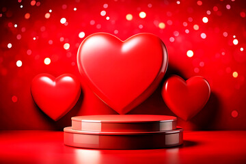 red heart and podium on red background. valentine's day concept