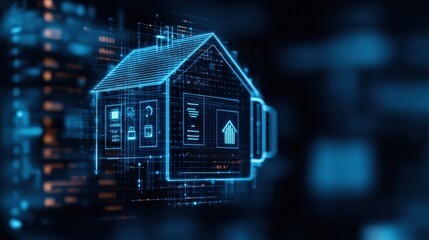 Futuristic Digital House Illustration with Smart Home Technology and Data Patterns