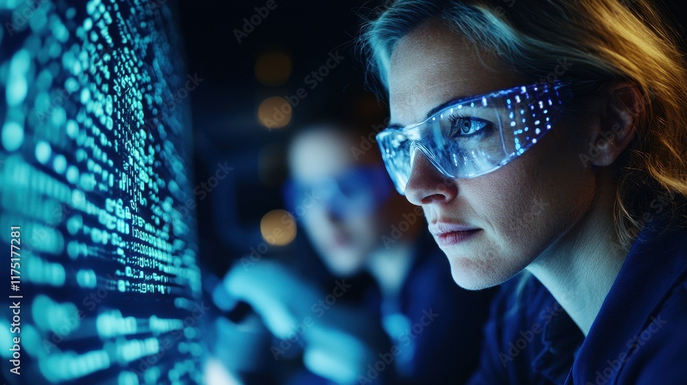 Female Scientist Analyzing Data on Digital Screen in High-Tech Lab Environment