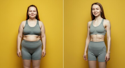 Wall Mural - Transformation journey: diverse young women embracing fitness and self-confidence on yellow background